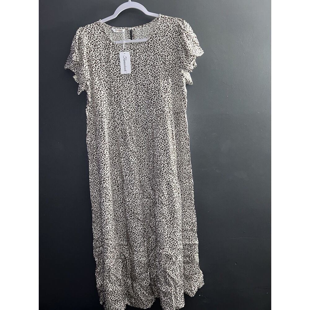 Fantaslook Women's Casual Dress Medium Leopard Print Brown and White NEW